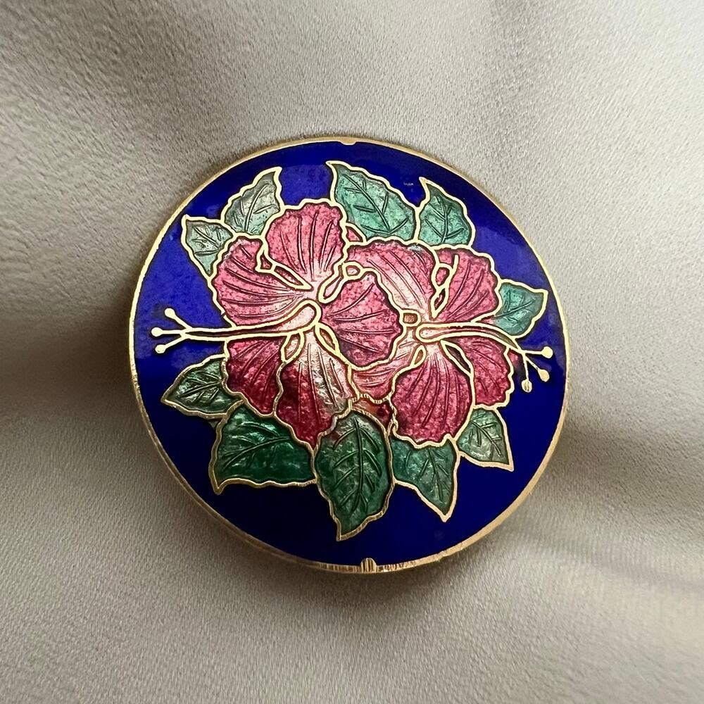 Vintage 60s Cloisonné Hibiscus Scarf Clip | Floral Enamel